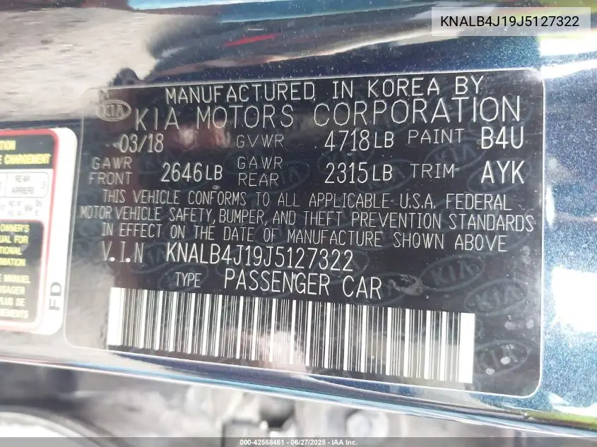 2018 Kia Cadenza Premium VIN: KNALB4J19J5127322 Lot: 42568461