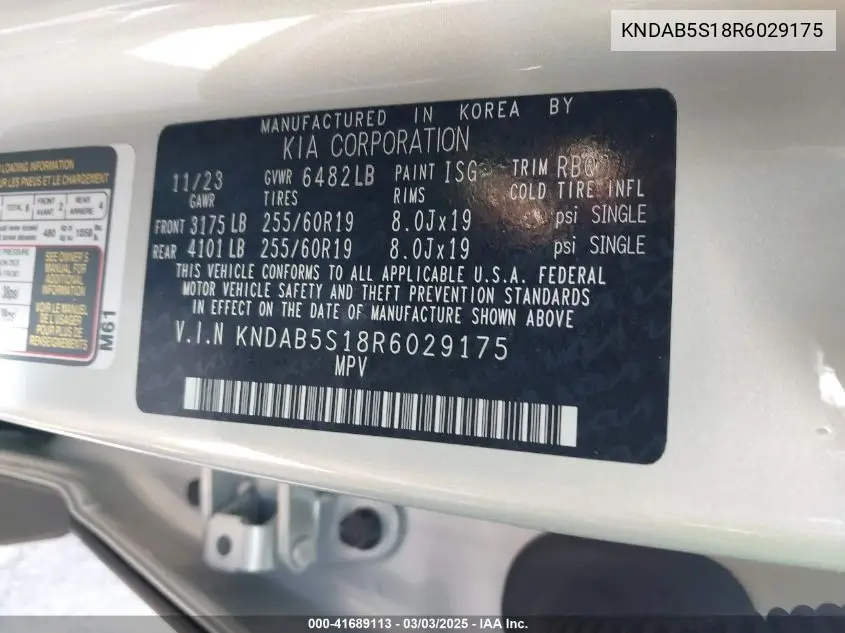2024 Kia Ev9 Light Long Range VIN: KNDAB5S18R6029175 Lot: 41689113