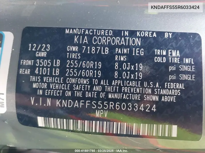 2024 Kia Ev9 Wind VIN: KNDAFFS55R6033424 Lot: 41881785