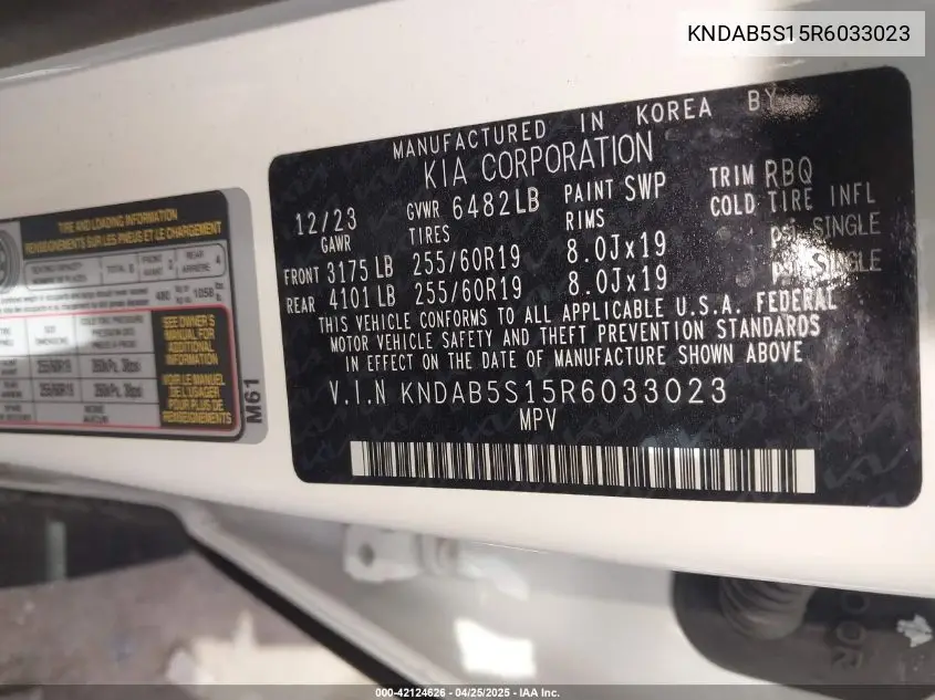 2024 Kia Ev9 Light Long Range VIN: KNDAB5S15R6033023 Lot: 42124626