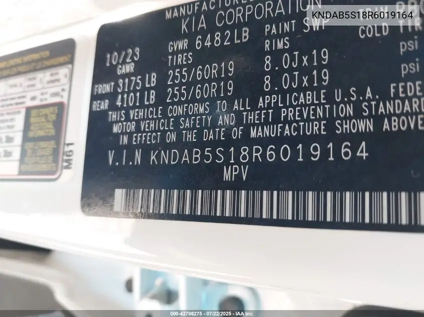 2024 Kia Ev9 Light Long Range VIN: KNDAB5S18R6019164 Lot: 42786275