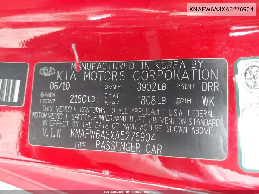 2010 Kia Forte Koup Sx VIN: KNAFW6A3XA5276904 Lot: 42026435