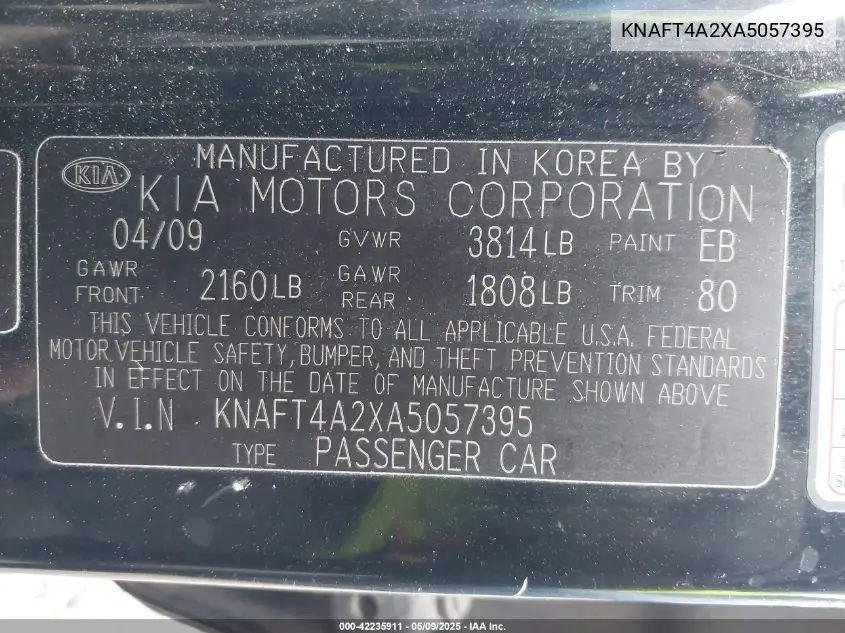 2010 Kia Forte Lx VIN: KNAFT4A2XA5057395 Lot: 42235911