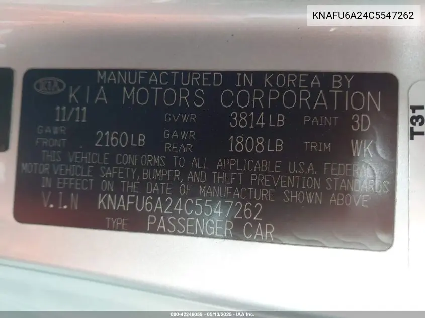 2012 Kia Forte Koup Ex VIN: KNAFU6A24C5547262 Lot: 42246059