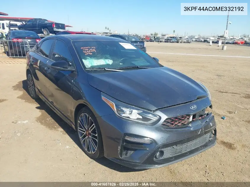 2021 Kia Forte Gt Manual VIN: 3KPF44AC0ME332192 Lot: 41657826