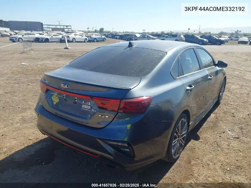 2021 Kia Forte Gt Manual VIN: 3KPF44AC0ME332192 Lot: 41657826