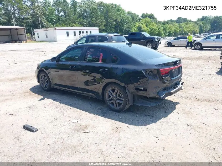 2021 Kia Forte Gt-Line VIN: 3KPF34AD2ME321755 Lot: 42608328