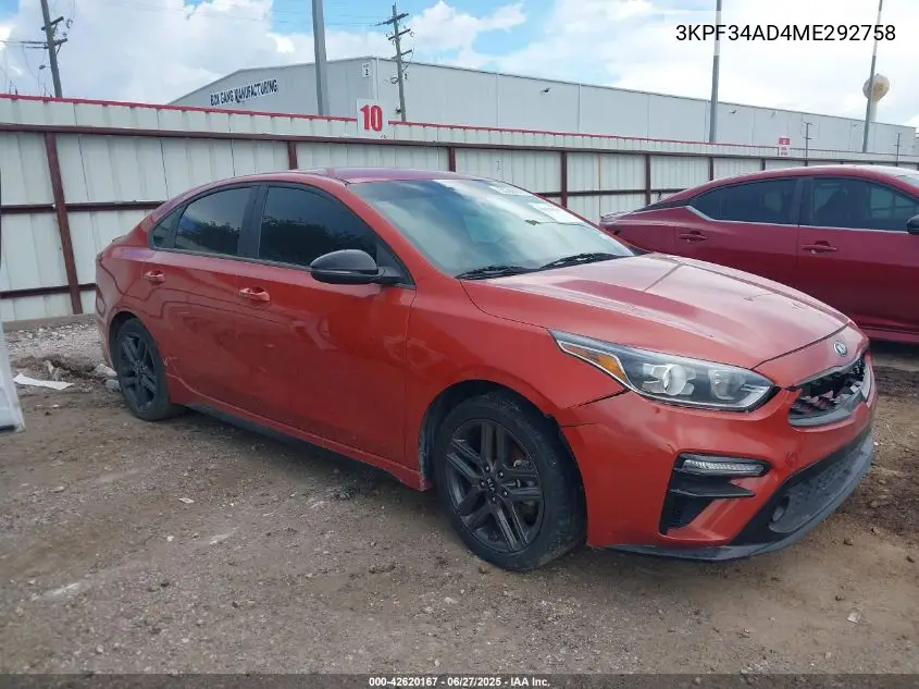 2021 Kia Forte Gt-Line VIN: 3KPF34AD4ME292758 Lot: 42620167