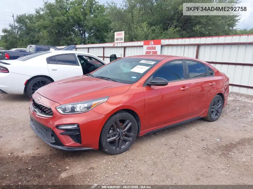2021 Kia Forte Gt-Line VIN: 3KPF34AD4ME292758 Lot: 42620167