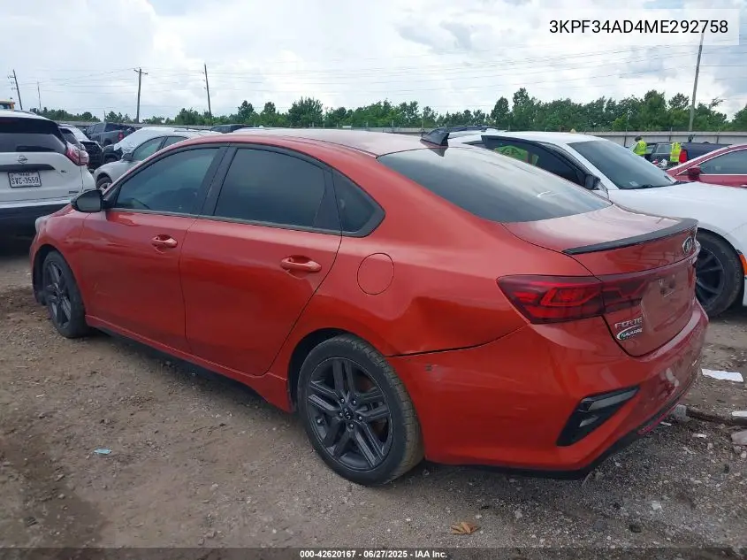 2021 Kia Forte Gt-Line VIN: 3KPF34AD4ME292758 Lot: 42620167