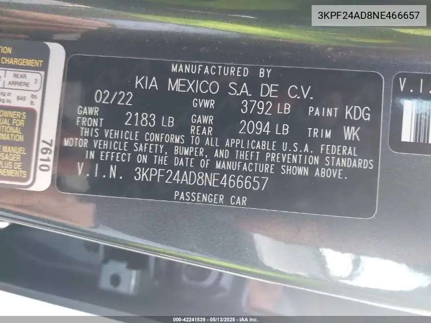 2022 Kia Forte Lxs VIN: 3KPF24AD8NE466657 Lot: 42241539