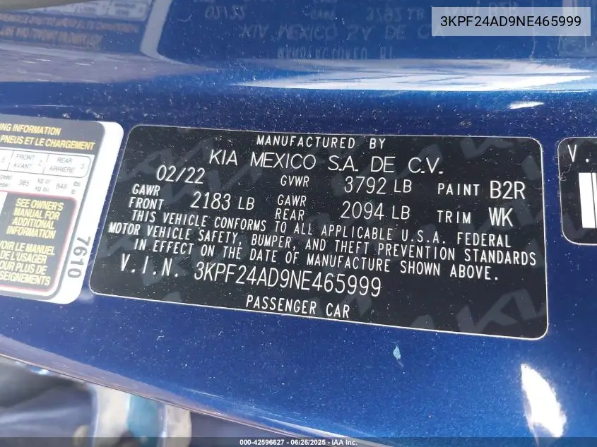 2022 Kia Forte Lxs VIN: 3KPF24AD9NE465999 Lot: 42596627