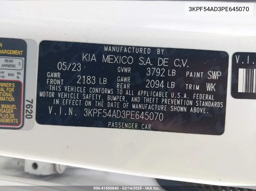 2023 Kia Forte Gt-Line VIN: 3KPF54AD3PE645070 Lot: 41550640
