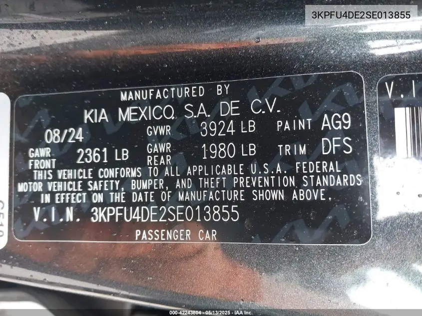 2025 Kia K4 Ex VIN: 3KPFU4DE2SE013855 Lot: 42243804