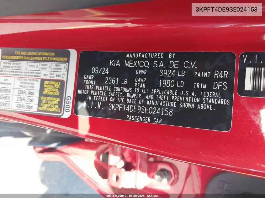 2025 Kia K4 Lxs VIN: 3KPFT4DE9SE024158 Lot: 42470010
