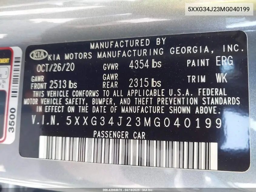 2021 Kia K5 Ex VIN: 5XXG34J23MG040199 Lot: 42065878