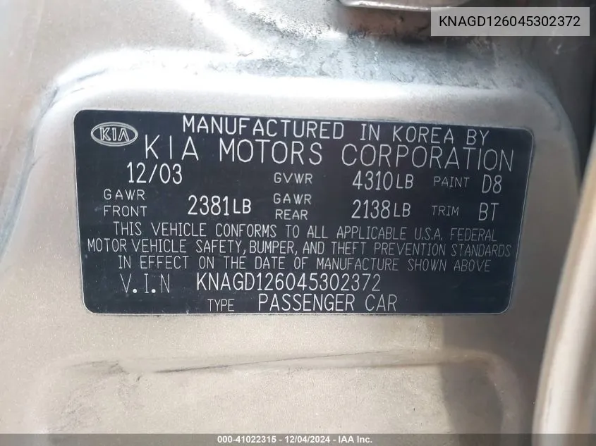 2004 Kia Optima Ex/Lx VIN: KNAGD126045302372 Lot: 41022315