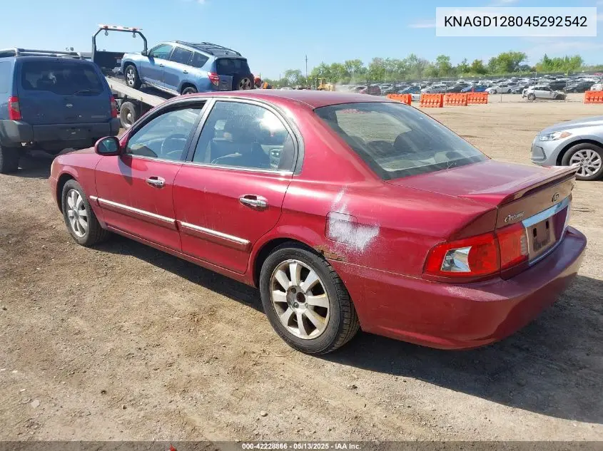 2004 Kia Optima Ex V6/Lx V6 VIN: KNAGD128045292542 Lot: 42228866