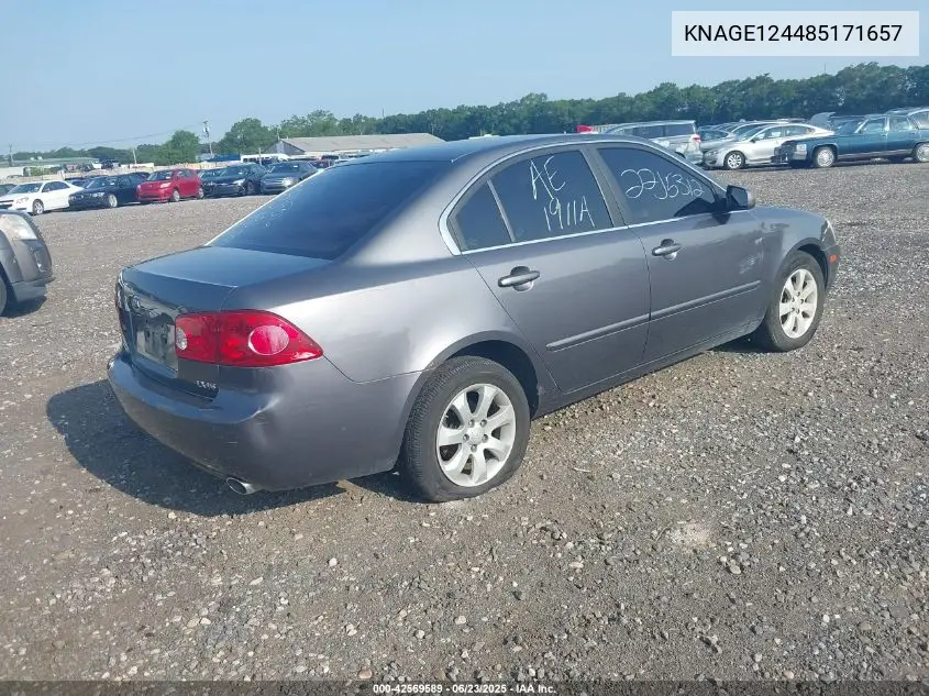 2008 Kia Optima Lx V6 VIN: KNAGE124485171657 Lot: 42569589