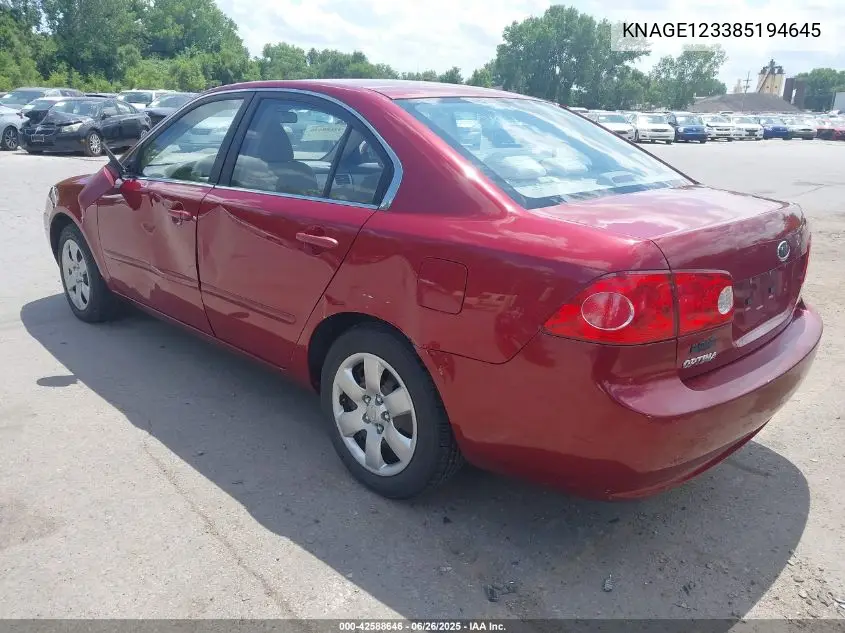 2008 Kia Optima Lx VIN: KNAGE123385194645 Lot: 42588646