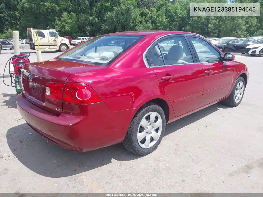 2008 Kia Optima Lx VIN: KNAGE123385194645 Lot: 42588646
