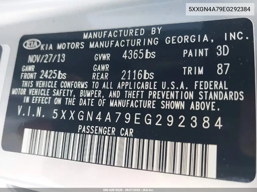 2014 Kia Optima Ex VIN: 5XXGN4A79EG292384 Lot: 42619226