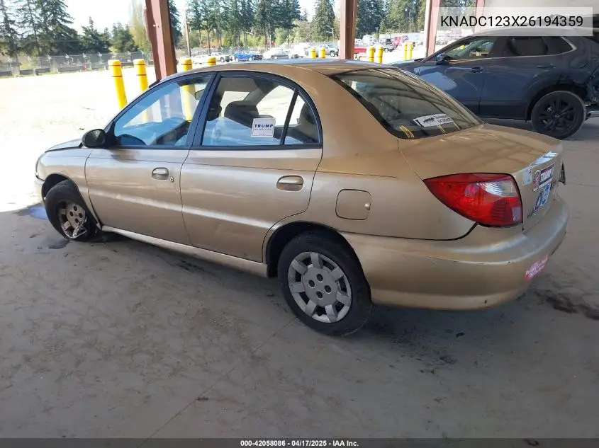 2002 Kia Rio VIN: KNADC123X26194359 Lot: 42058086