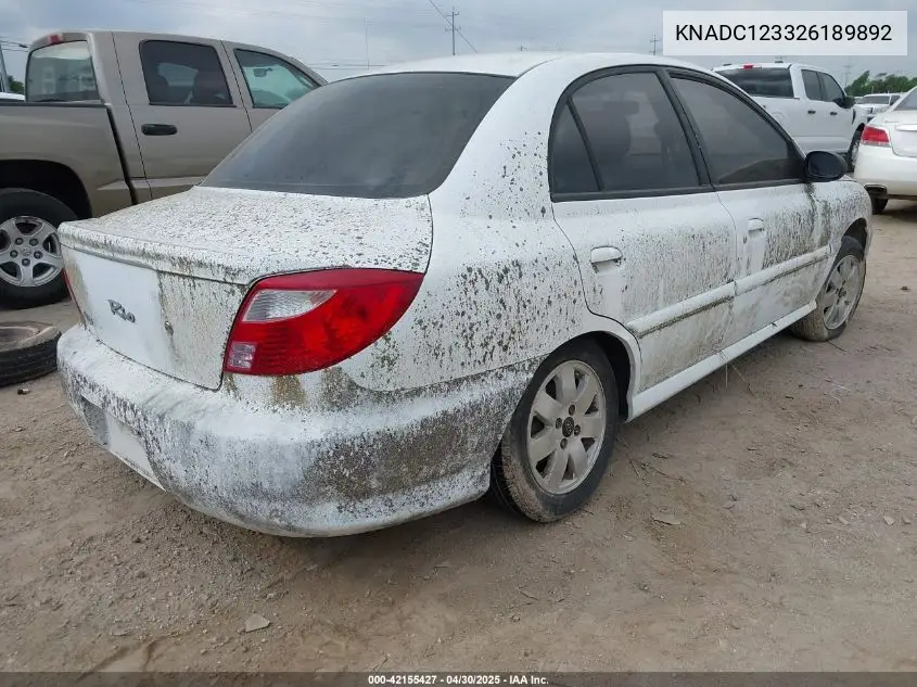 2002 Kia Rio VIN: KNADC123326189892 Lot: 42155427