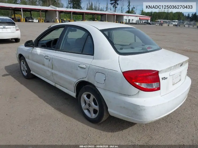 2003 Kia Rio VIN: KNADC125036270433 Lot: 42139333