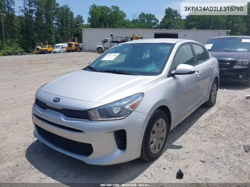 2020 Kia Rio Lx VIN: 3KPA24AD2LE315790 Lot: 42611259