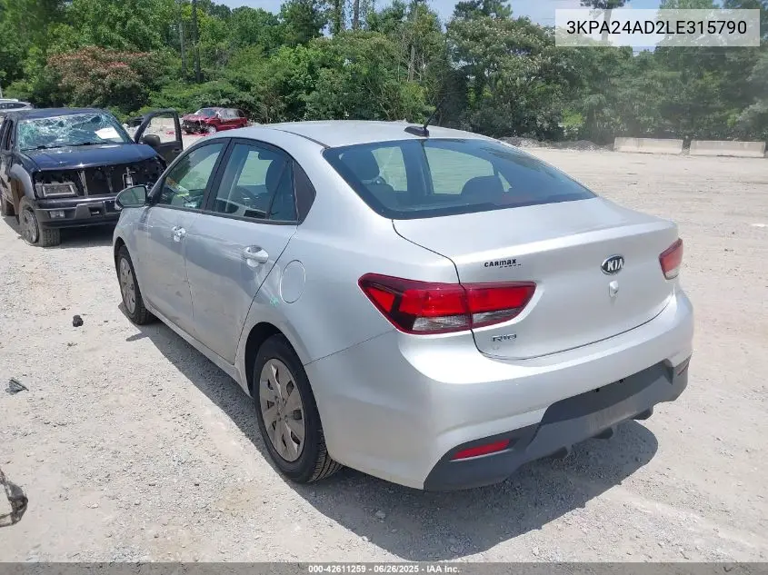 2020 Kia Rio Lx VIN: 3KPA24AD2LE315790 Lot: 42611259