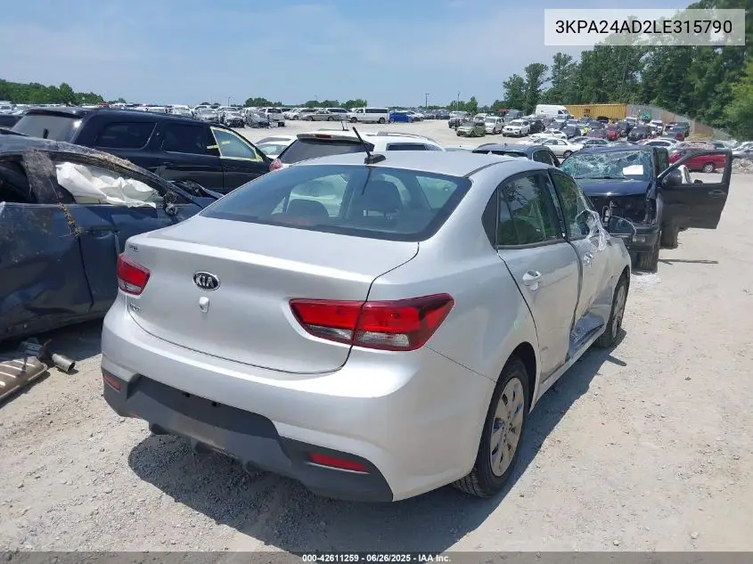 2020 Kia Rio Lx VIN: 3KPA24AD2LE315790 Lot: 42611259