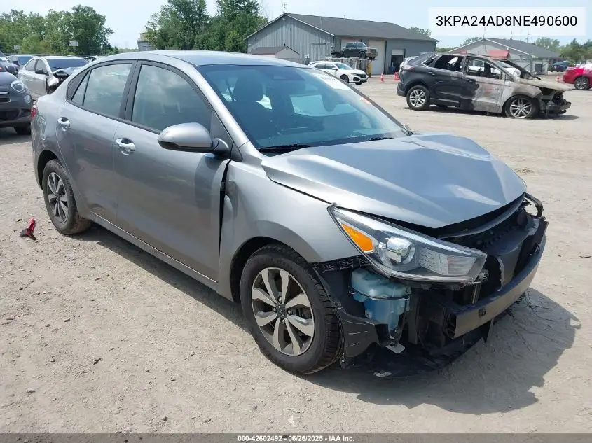 2022 Kia Rio S VIN: 3KPA24AD8NE490600 Lot: 42602492