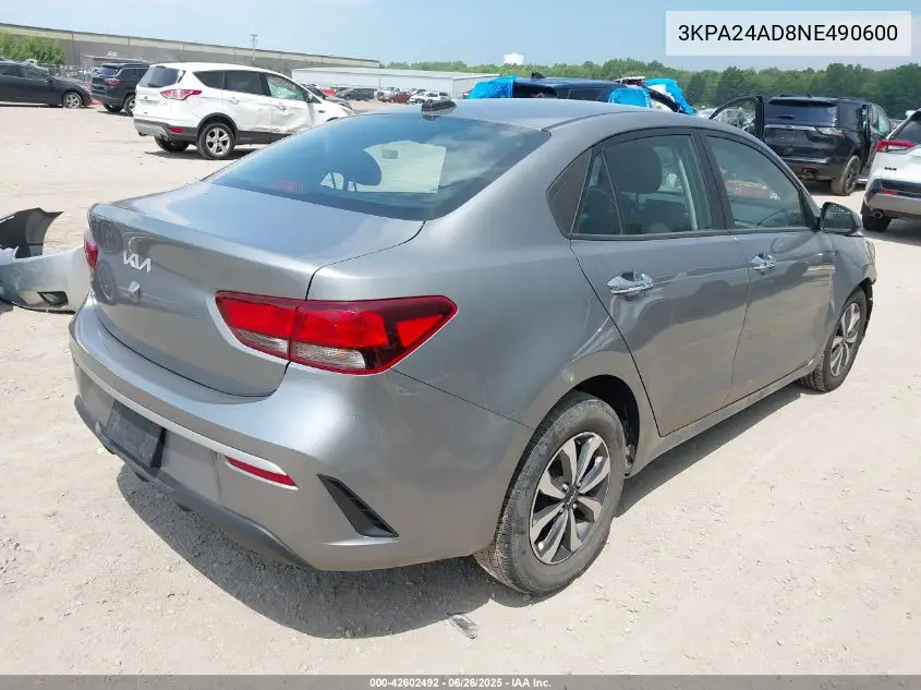 2022 Kia Rio S VIN: 3KPA24AD8NE490600 Lot: 42602492