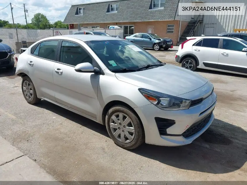 2022 Kia Rio Lx VIN: 3KPA24AD6NE444151 Lot: 42619511