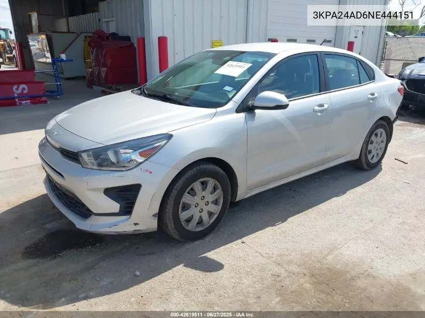 2022 Kia Rio Lx VIN: 3KPA24AD6NE444151 Lot: 42619511