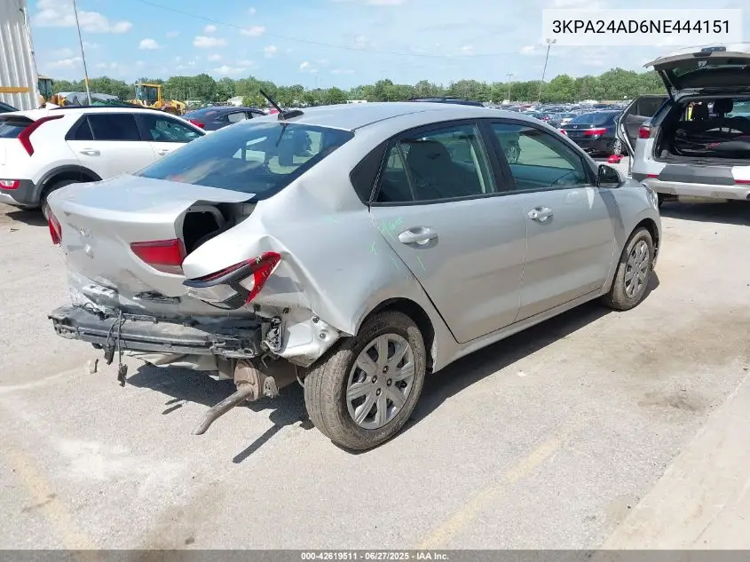 2022 Kia Rio Lx VIN: 3KPA24AD6NE444151 Lot: 42619511