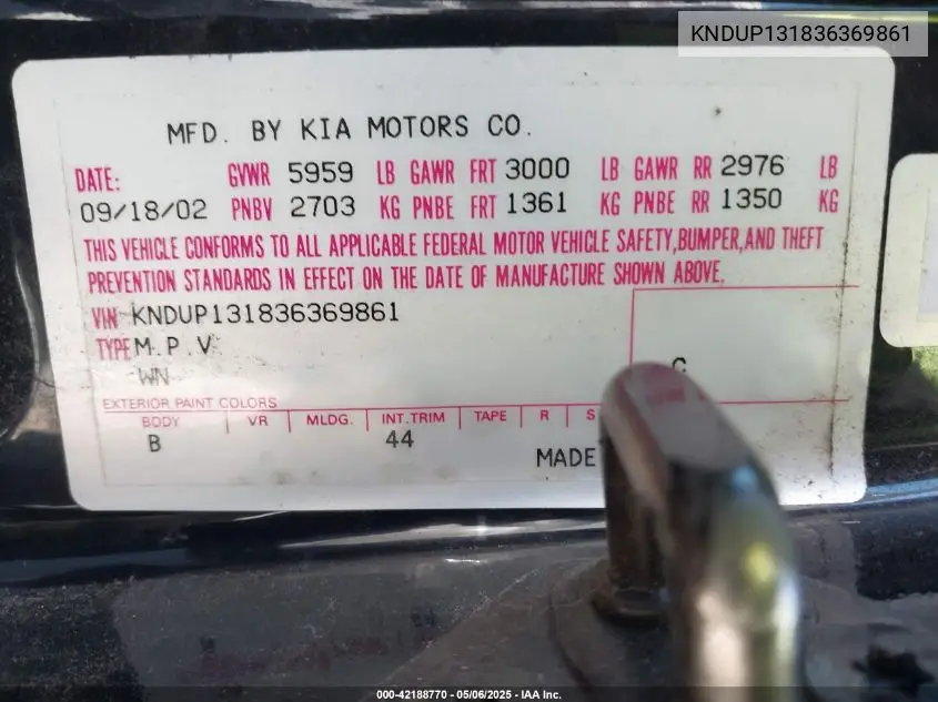 2003 Kia Sedona Ex/Lx VIN: KNDUP131836369861 Lot: 42188770