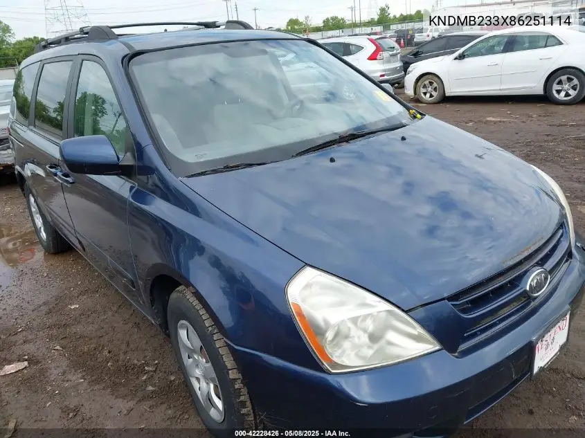 2008 Kia Sedona Lx VIN: KNDMB233X86251114 Lot: 42228426