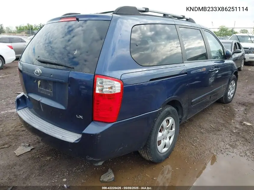 2008 Kia Sedona Lx VIN: KNDMB233X86251114 Lot: 42228426