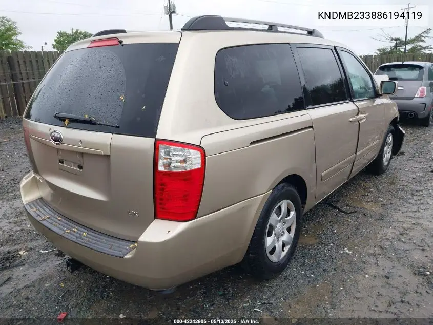 2008 Kia Sedona Lx VIN: KNDMB233886194119 Lot: 42242605