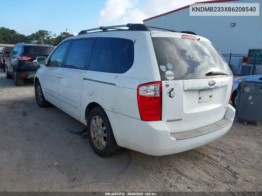 2008 Kia Sedona Ex VIN: KNDMB233X86208540 Lot: 42574732