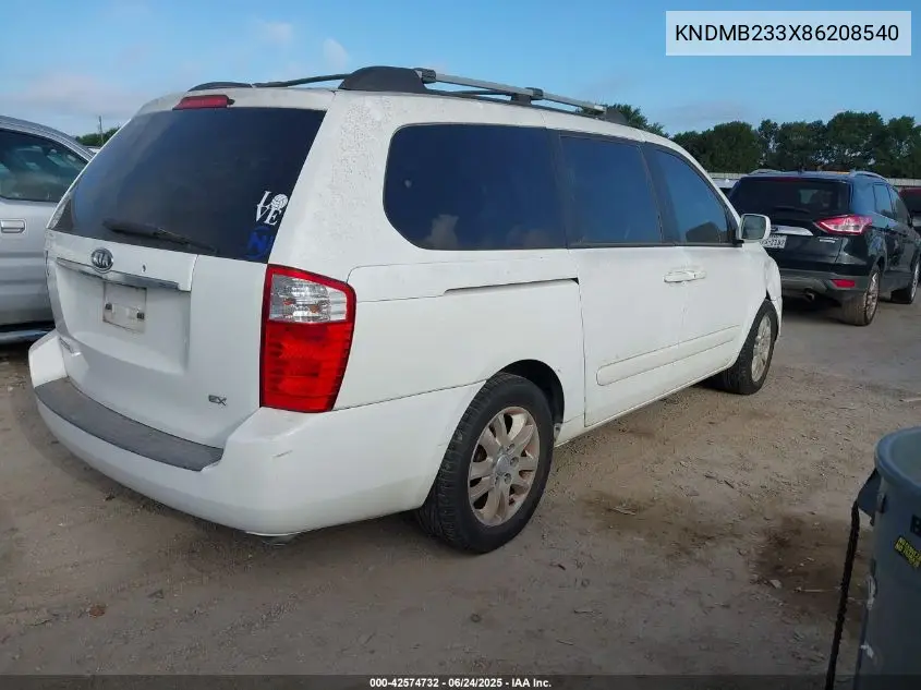 2008 Kia Sedona Ex VIN: KNDMB233X86208540 Lot: 42574732