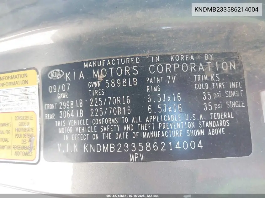 2008 Kia Sedona Lx VIN: KNDMB233586214004 Lot: 42742687