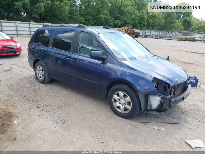 2008 Kia Sedona Lx VIN: KNDMB233X86244194 Lot: 42751986