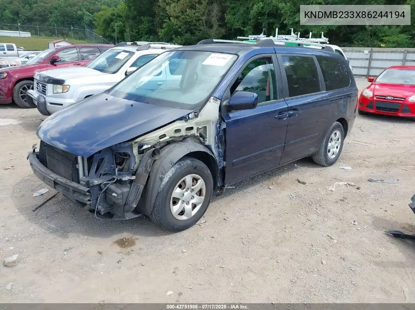 2008 Kia Sedona Lx VIN: KNDMB233X86244194 Lot: 42751986