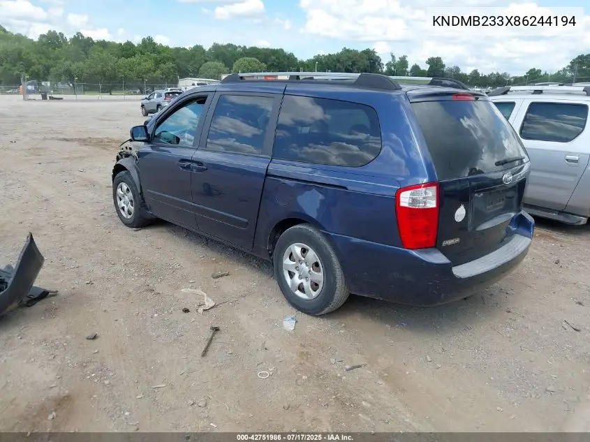 2008 Kia Sedona Lx VIN: KNDMB233X86244194 Lot: 42751986