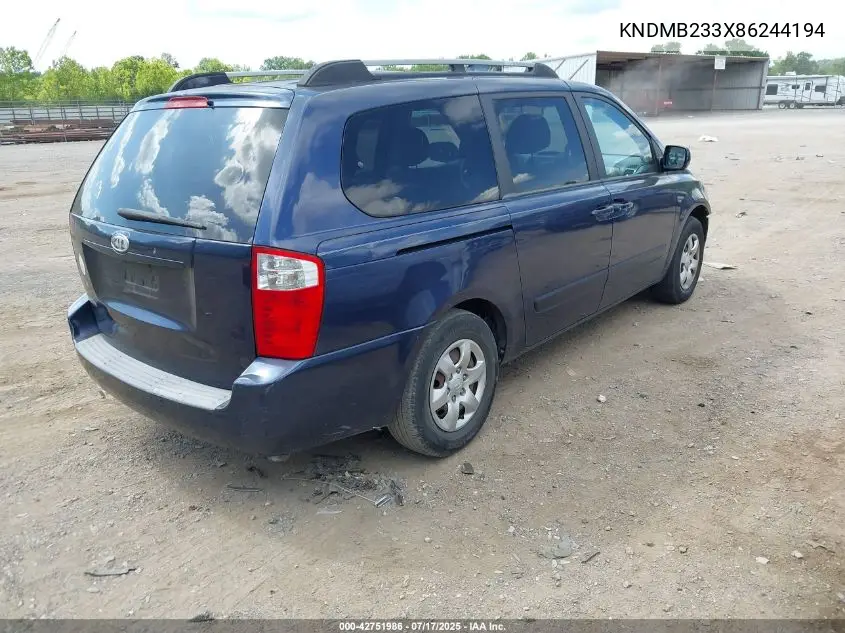 2008 Kia Sedona Lx VIN: KNDMB233X86244194 Lot: 42751986