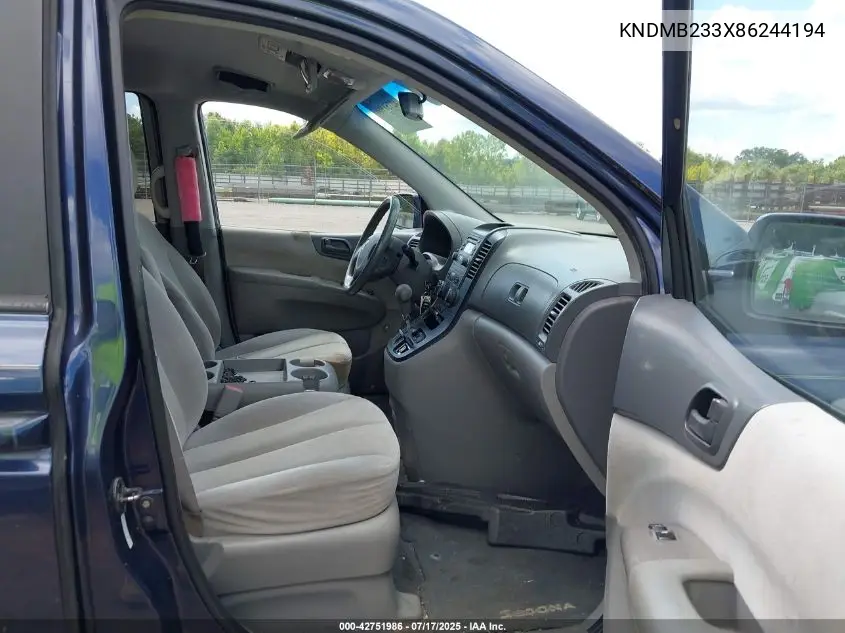 2008 Kia Sedona Lx VIN: KNDMB233X86244194 Lot: 42751986
