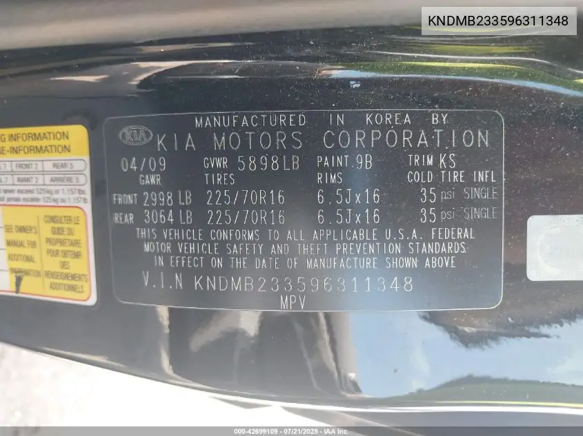 2009 Kia Sedona Lx VIN: KNDMB233596311348 Lot: 42699109